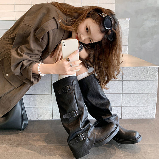 【シューズ】春 秋 冬ストラップ付き くしゅくしゅデザイン パンツインブーツ 【JZシリーズ】