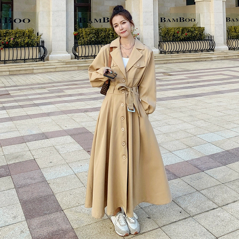 全4色【ワンピース】フレンチ 春秋  気質エレガント トレンチ風 大フレアロング 長袖ワンピース【JZシリーズ】