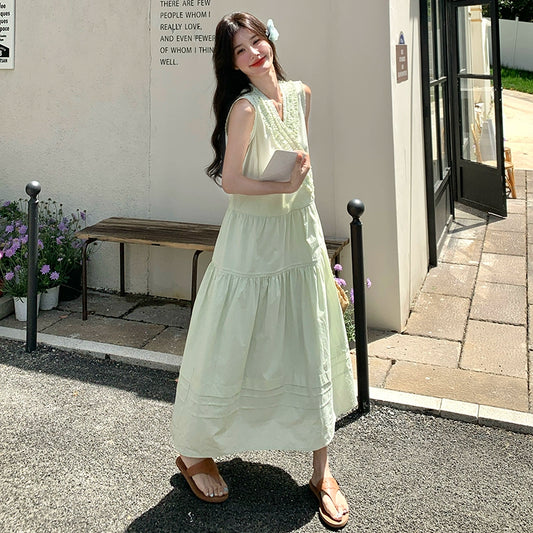 【ワンピース】ミントグリーン フリル プリーツ ノースリーブ ワンピース レディース 夏 甘め 若見え スタイル【JZシリーズ】