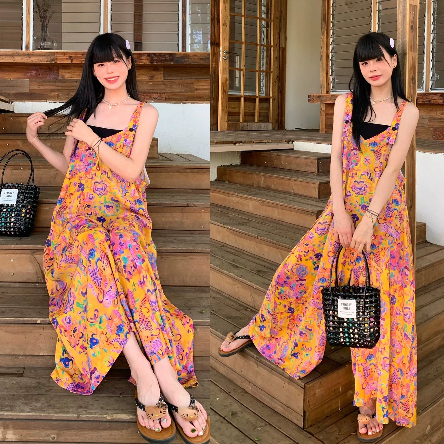 【ボトムス】アート油彩柄 サロペット レディース オールインワン 夏 Vネック ワイドパンツ ゆったり 体型カバー 涼しげ 着痩せ 上品 モード カジュアル【SHシリーズ】
