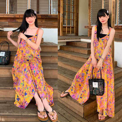 【ボトムス】アート油彩柄 サロペット レディース オールインワン 夏 Vネック ワイドパンツ ゆったり 体型カバー 涼しげ 着痩せ 上品 モード カジュアル【SHシリーズ】
