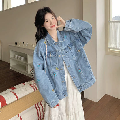【アウター】ヴィンテージ BF風 刺繍 デニムジャケット レディース 春秋 韓国風 大人気 トレンド キュートカジュアル【SHシリーズ】