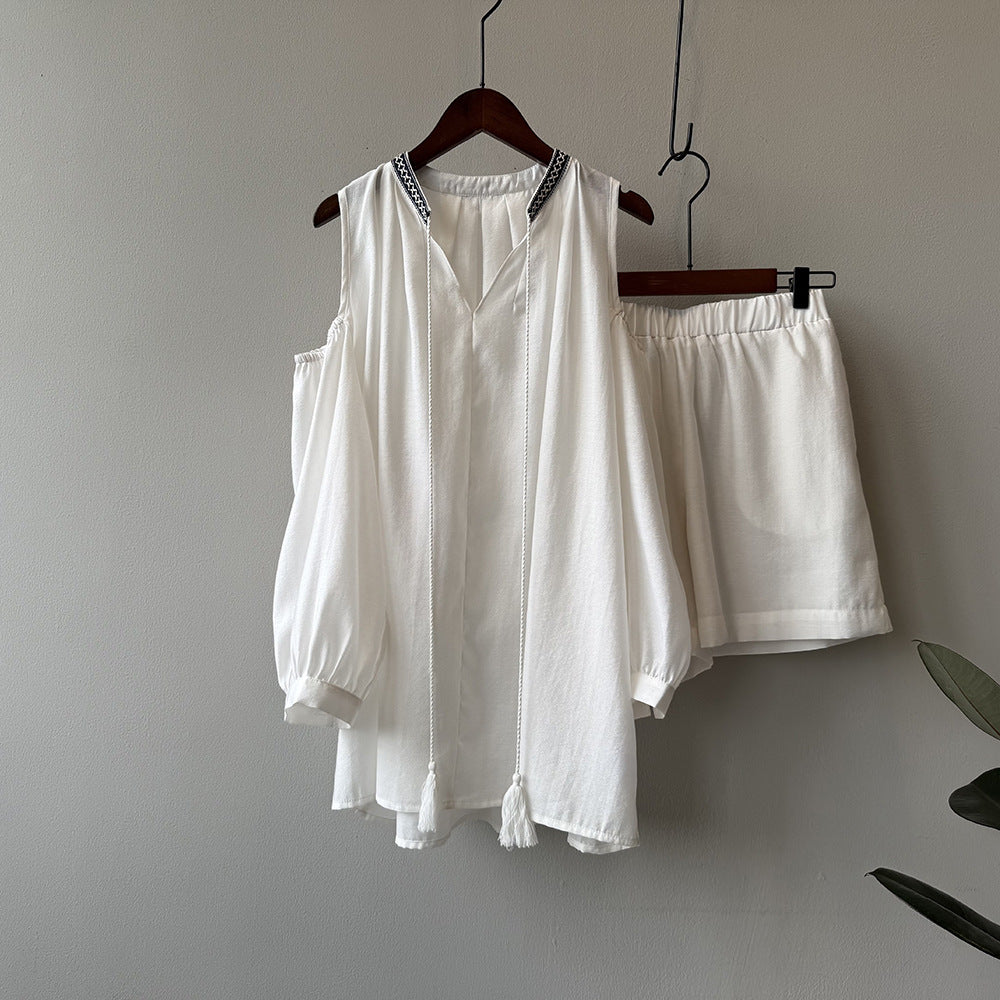 3点セット！【セットアップ】夏新作 フレンチカジュアル 涼感シアー 天然素材シャツ＋キャミ＋ショートパンツ 上下セットアップ【JZシリーズ】