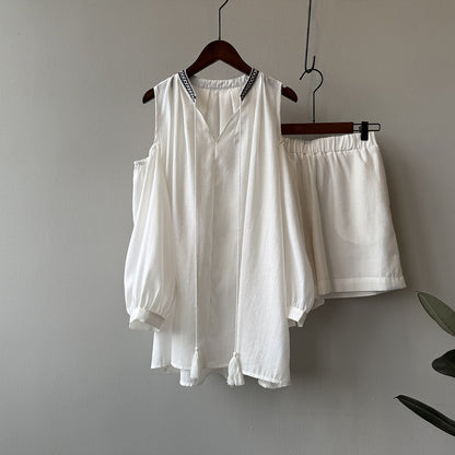 3点セット！【セットアップ】夏新作 フレンチカジュアル 涼感シアー 天然素材シャツ＋キャミ＋ショートパンツ 上下セットアップ【JZシリーズ】