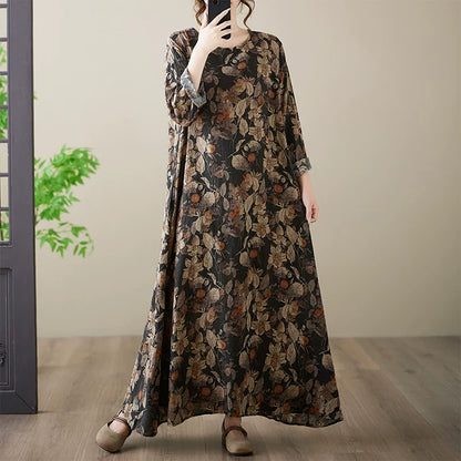 【ワンピース】春新作 花柄 クルーネック 長袖 ワンピース ゆったり 大きいサイズ 体型カバー リゾート風【SHシリーズ】