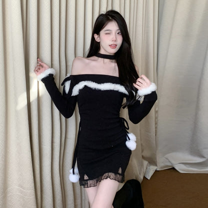 【クリスマス】セクシー クリスマス風 オフショルダー ファーワンピース 誕生日ミニドレス