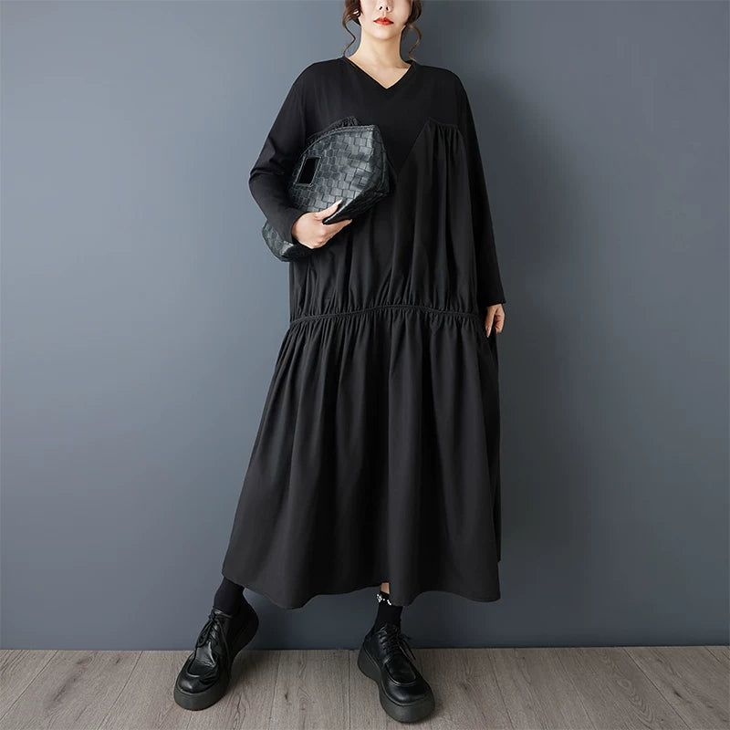 【60%OFF⭐️早い者勝ち】【ワンピース】ヴィンテージ ワンピース 長袖 切替 ビッグVネック ゆったり リラックス感 デザイン レディース【AHシリーズ】