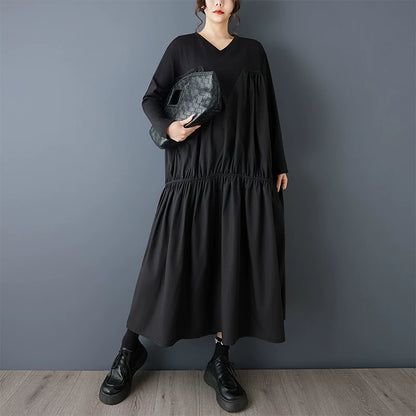 【60%OFF⭐️早い者勝ち】【ワンピース】ヴィンテージ ワンピース 長袖 切替 ビッグVネック ゆったり リラックス感 デザイン レディース【AHシリーズ】