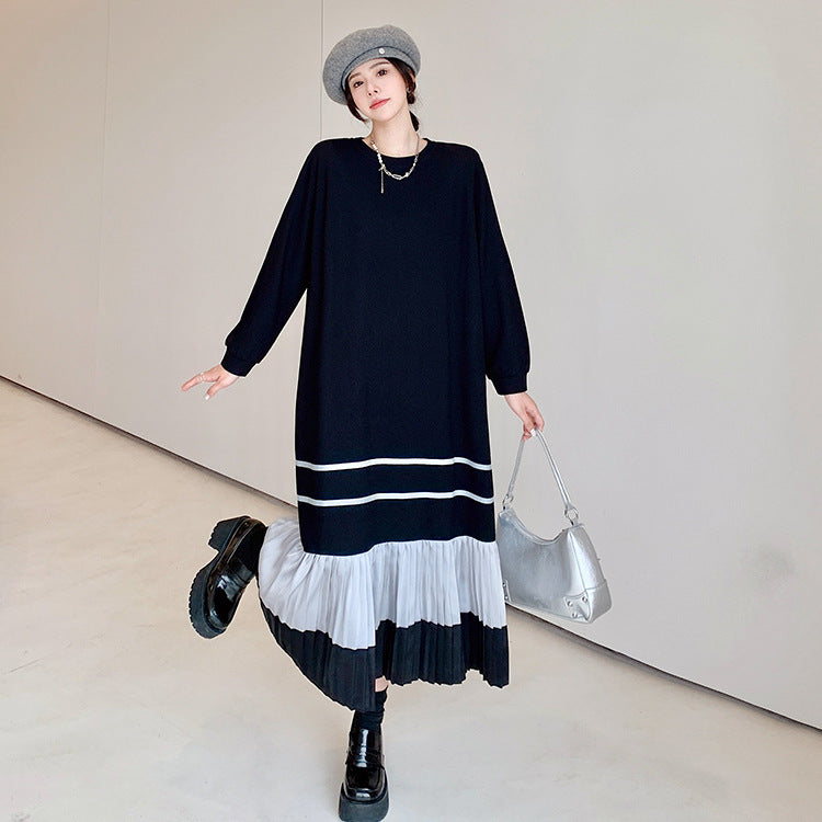 【ワンピース】韓国風 エレガント体型カバー 長袖ワンピース 大きいサイズ 着痩せ 膝下丈【JZシリーズ】