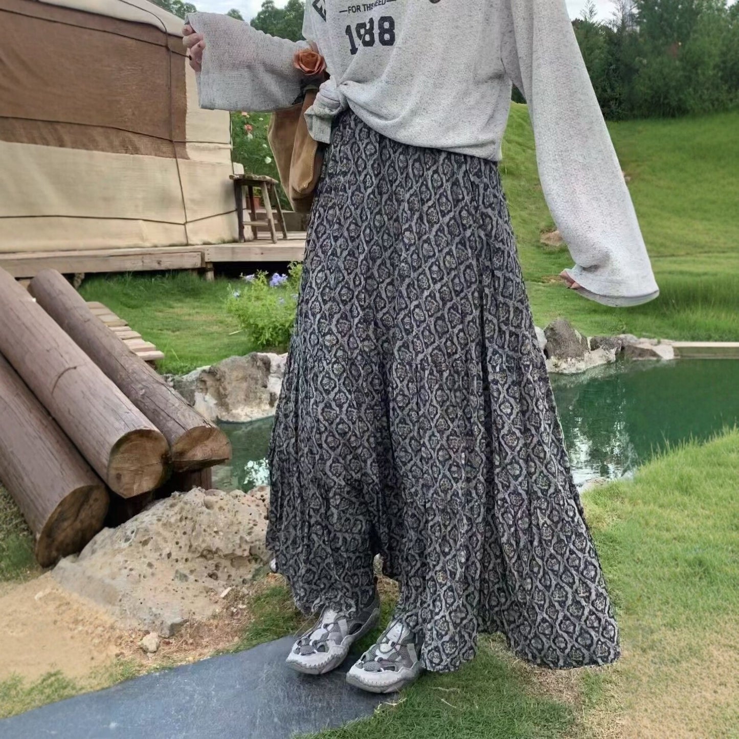 【ボトムス】レトロ花柄 フレアロング丈 ゆったりシルエット スカート【SHシリーズ】