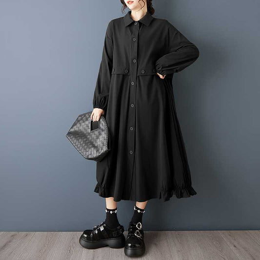 【60%OFF⭐️早い者勝ち】【ワンピース】ダーク系 大きいサイズ ミディ丈 長袖 シャツワンピース ゆったり 細見え 体型カバー【AHシリーズ】