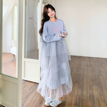 【ワンピース】カジュアル スリム見え チュール ミックス アルファベット 長袖ワンピース【JZシリーズ】