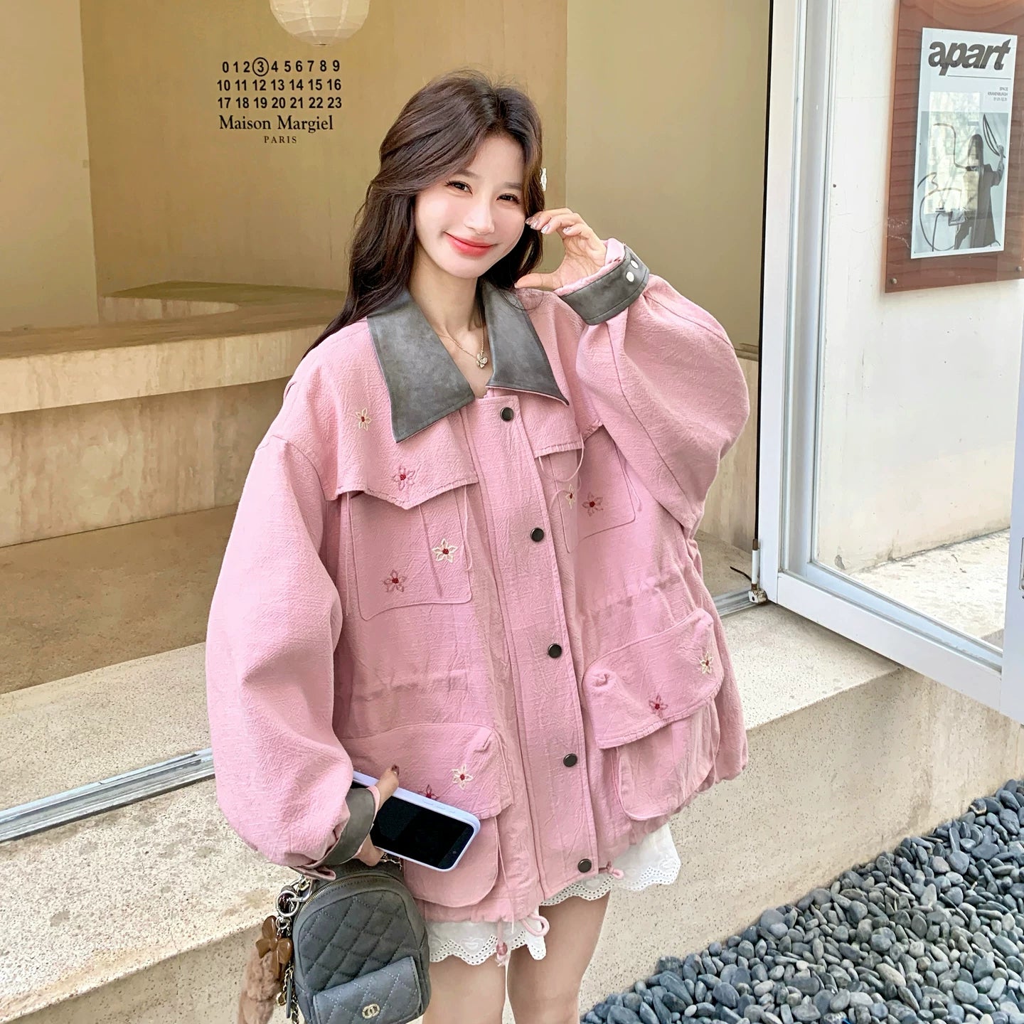 【アウター】韓国系 刺繍 スイートクール 若見え 配色 ジャケット【JZシリーズ】