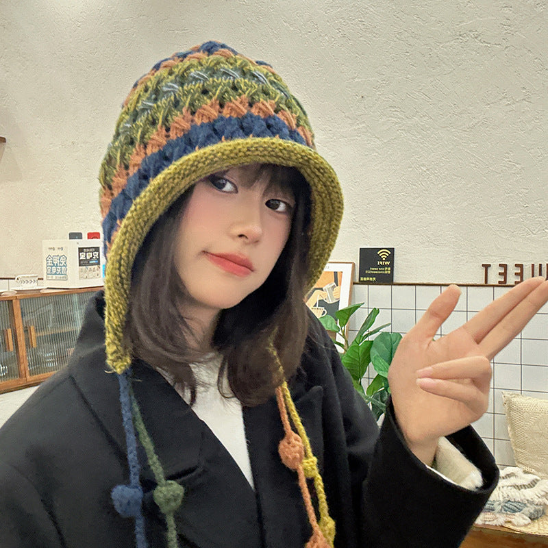 【グッズ】雰囲気 レインボー ニット帽 秋冬 手編み くすみ配色 ハット