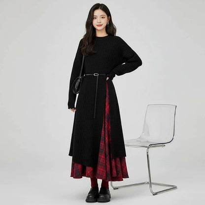 【セットアップ】春 秋 冬  ニット ワンピース+ベルト+チェック柄 スカート 3点セット 【JZシリーズ】