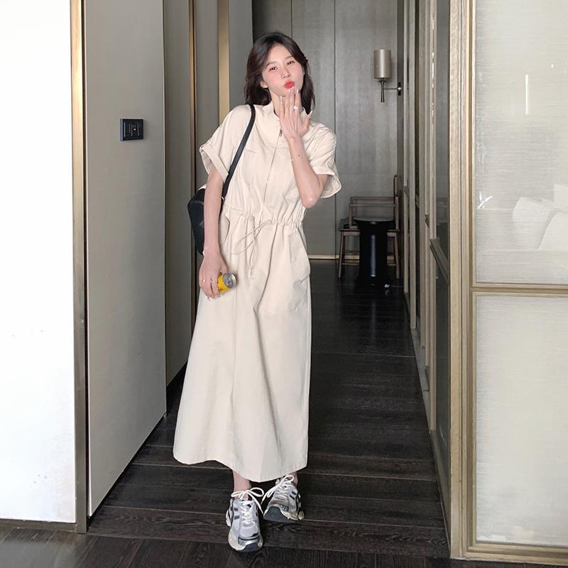 【ワンピース】韓国風ワンピース 夏 気質 ハイウエスト 半袖 ワーク風 ロングワンピース【JZシリーズ】