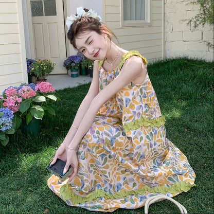【ワンピース】大人可愛い 花柄 キャミワンピース レディース 夏 フリル 配色デザイン ノースリーブ ロング丈 フェミニン ワンピース【SHシリーズ】