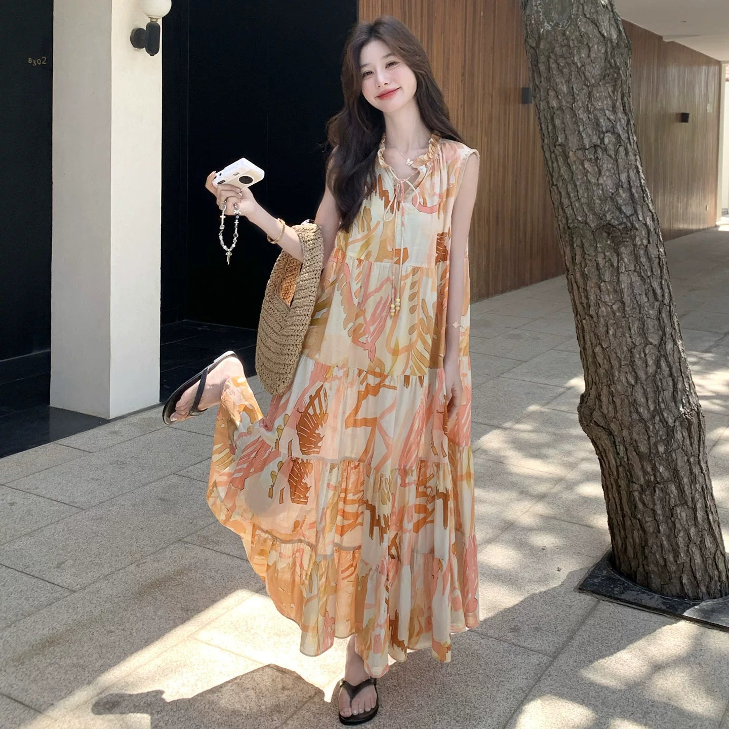 【ワンピース】高級感あふれるロマンティックリゾート風 シフォン花柄ノースリーブワンピース【SHシリーズ】