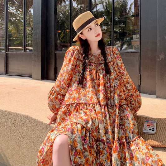 【ワンピース】ボヘミアン風 ファッション ビーチ 日焼け防止 フラワープリント 長袖ワンピース【SHシリーズ】