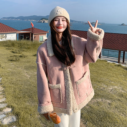 【アウター】冬新作 レディース ピンク スエード ボアコート フェイクムートン 厚手 あったか おしゃれ【JZシリーズ】