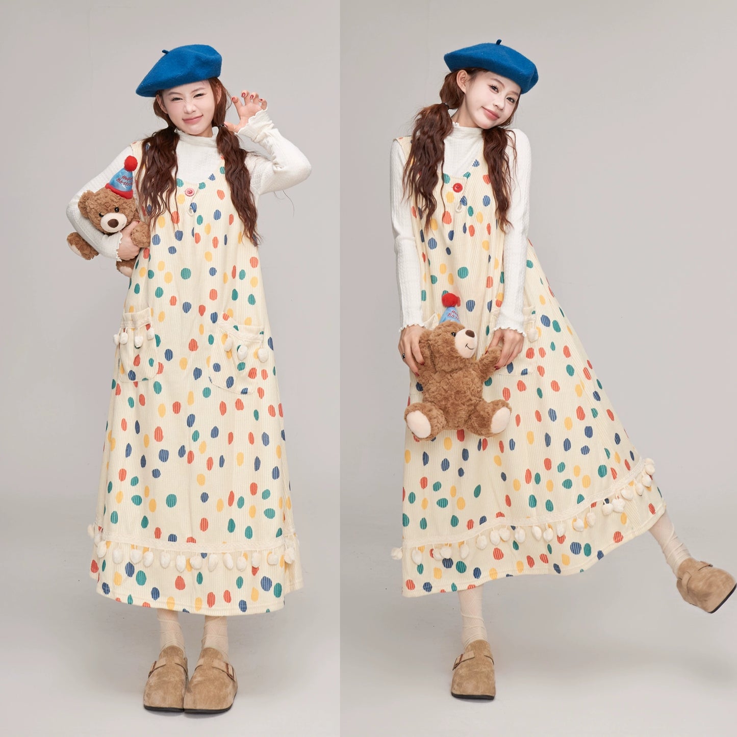 【ワンピース】秋冬 ゆったり可愛い ドット柄 サロペットワンピース レディース Aラインデザイン ノースリーブワンピース【JZシリーズ】【SHシリーズ】