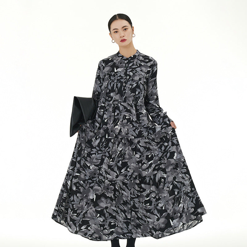 【ワンピース】春 秋 冬 花柄 プリント 長袖 ティアードワンピース 【SHシリーズ】