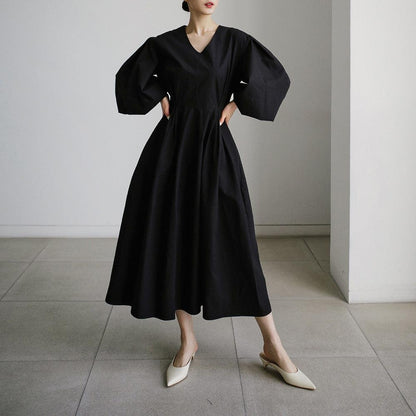 【ワンピース】春秋 ゆったり プラスサイズ Vネック ランタンスリーブ 長袖ワンピース