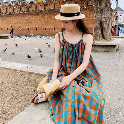 【ワンピース】バイカラー チェック柄 レイヤード風 ノースリーブワンピース レディース 夏 ゆったり 上品 トレンド感 ロングドレス【SHシリーズ】