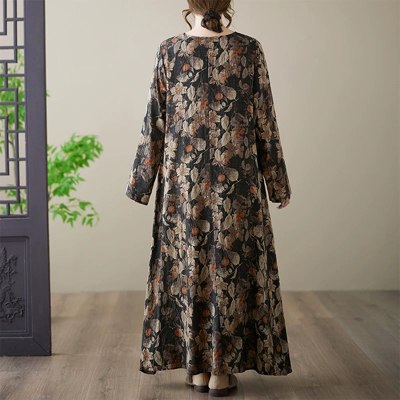 【ワンピース】春新作 花柄 クルーネック 長袖 ワンピース ゆったり 大きいサイズ 体型カバー リゾート風【SHシリーズ】