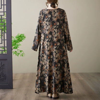 【ワンピース】春新作 花柄 クルーネック 長袖 ワンピース ゆったり 大きいサイズ 体型カバー リゾート風【SHシリーズ】