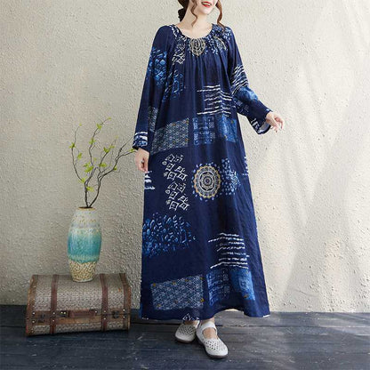 【ワンピース】春 秋 夏 クルーネック ギャザー入り プリント 長袖 ワンピース 【SHシリーズ】