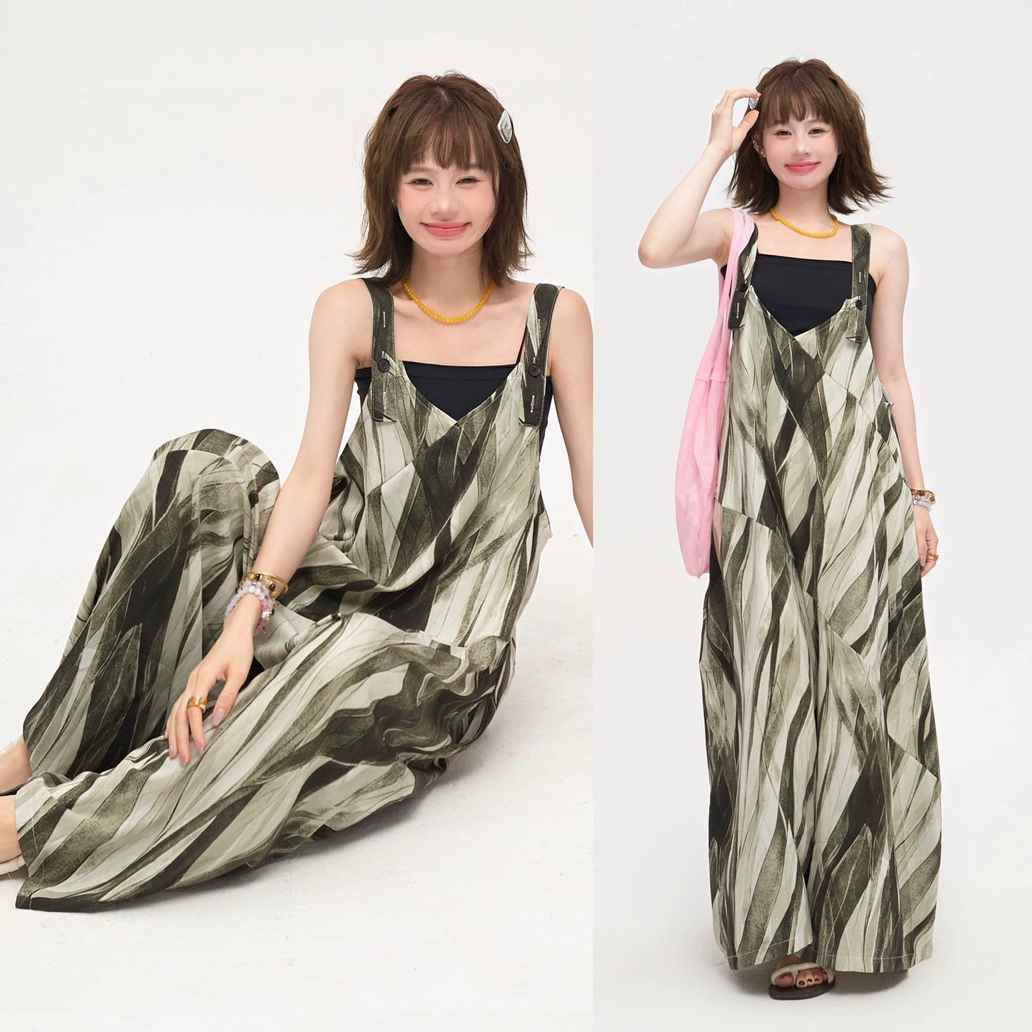 【ボトムス】ゆったりカジュアル オーバーサイズ 夏新作 Vネックストライプオールインワン【SHシリーズ】