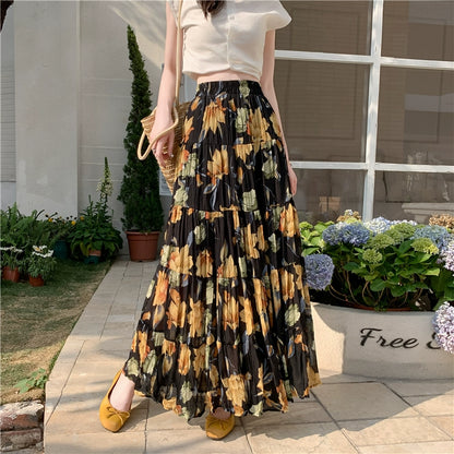 【ボトムス】切り替え  軽やか プリーツ フレア Aライン ハイウエスト シフォンスカート【SHシリーズ】