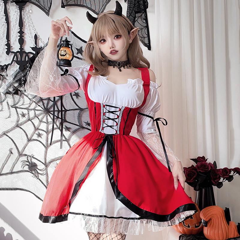 【ハロウィン】大人用赤ずきんコスプレ・ワンピース・マント付き・メイド風・赤いロングドレス