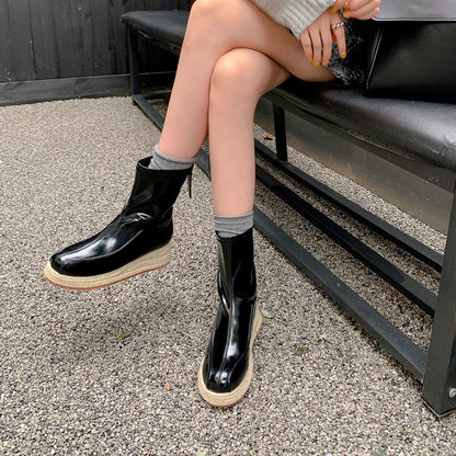 【シューズ】ウェッジヒール スクエアトゥ バックジップ エスパドリーユ 厚底ブーツ