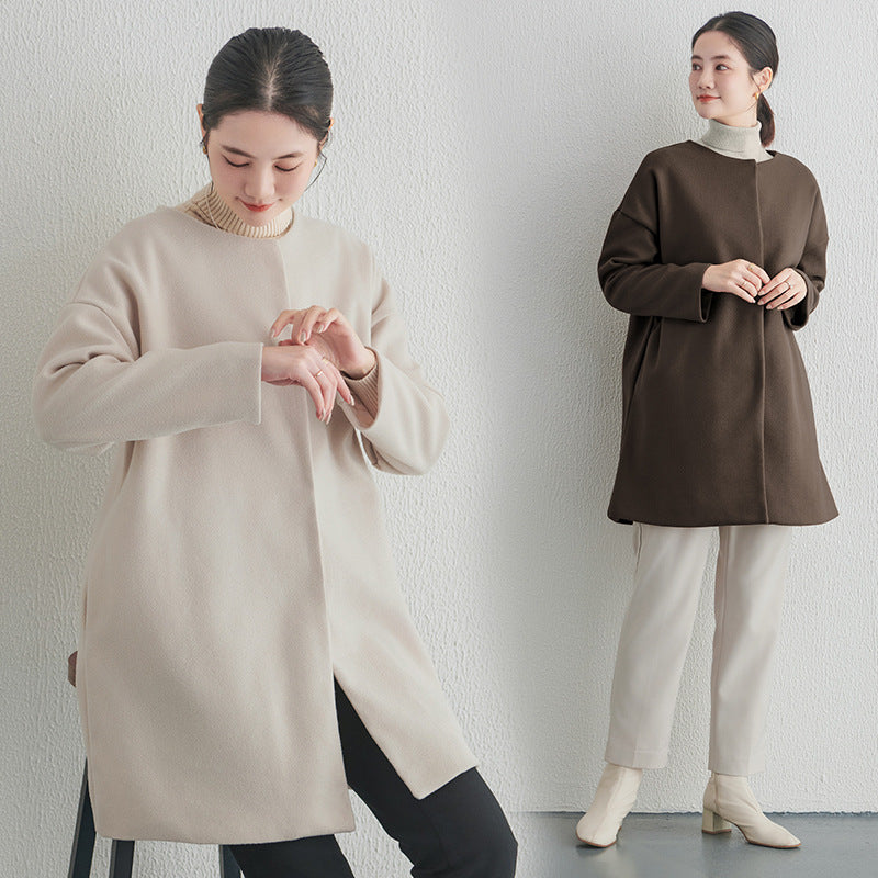 【アウター】春 秋 冬 ラウンドネック ボタン留め メルトン コート