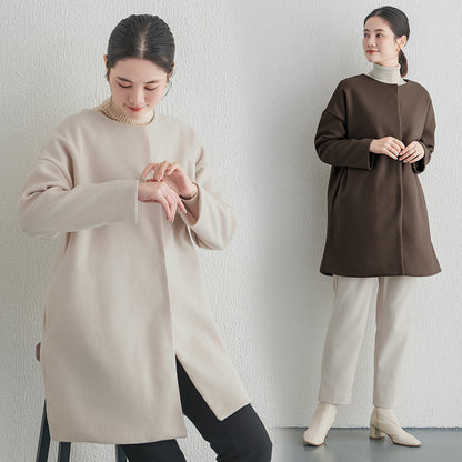 【アウター】春 秋 冬 ラウンドネック ボタン留め メルトン コート