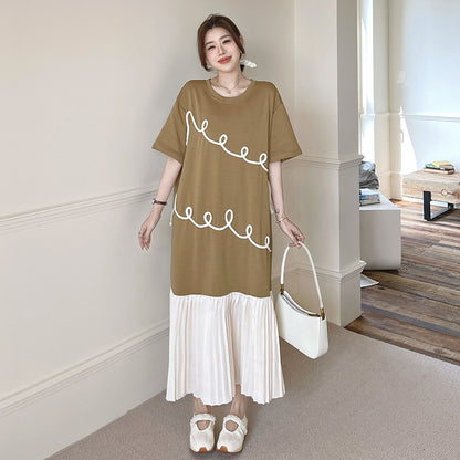 【ワンピース】☀️夏 新作 大きいサイズ レディース プリーツスカート 刺繍入り 重ね着風 半袖ワンピース ゆったり 体型カバー【JZシリーズ】