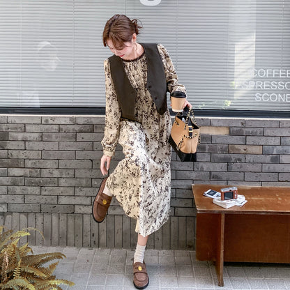 2点セット！【セットアップ】レトロ花柄カシュクールワンピースセット レディース 秋新作 長袖 ベスト付き 2点セット【SHシリーズ】