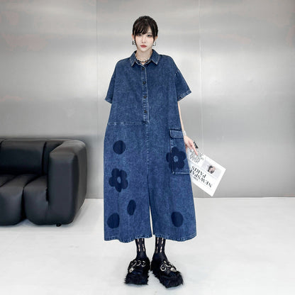 【ボトムス】デザインデニムオールインワン レディース 春夏 花柄 切替 半袖 ゆったりシルエット【AHシリーズ】