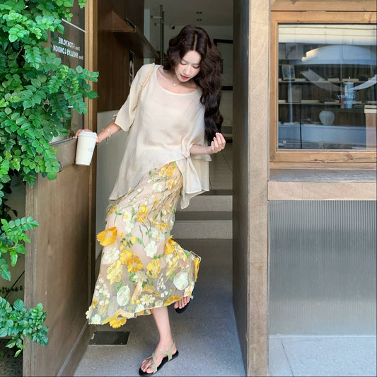 2点セット！【セットアップ】リゾート フラワー 上下セット シアー羽織＋ロングスカート レディース きれいめ【SHシリーズ】