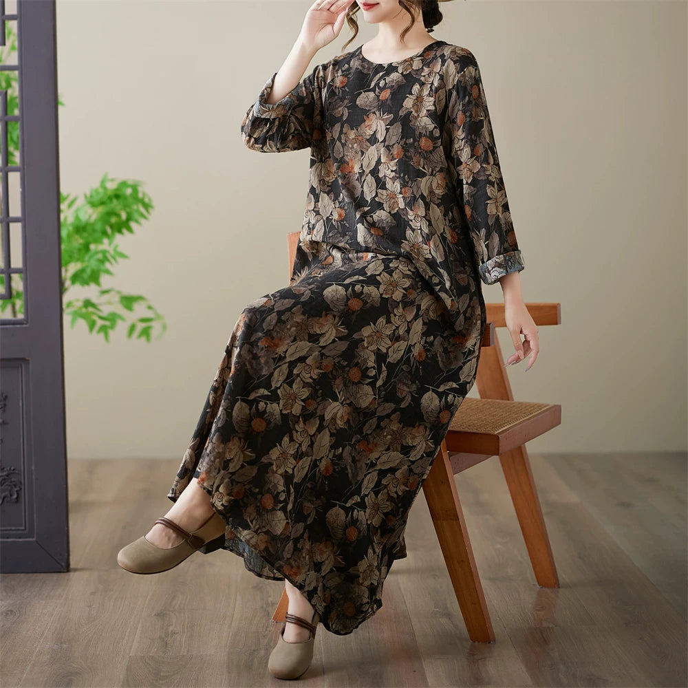 【ワンピース】春新作 花柄 クルーネック 長袖 ワンピース ゆったり 大きいサイズ 体型カバー リゾート風【SHシリーズ】