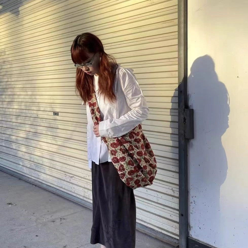 【バッグ】韓国デザイン 大容量ショルダー＆斜め掛け可 フラワープリントキャンバスバッグ【SHシリーズ】