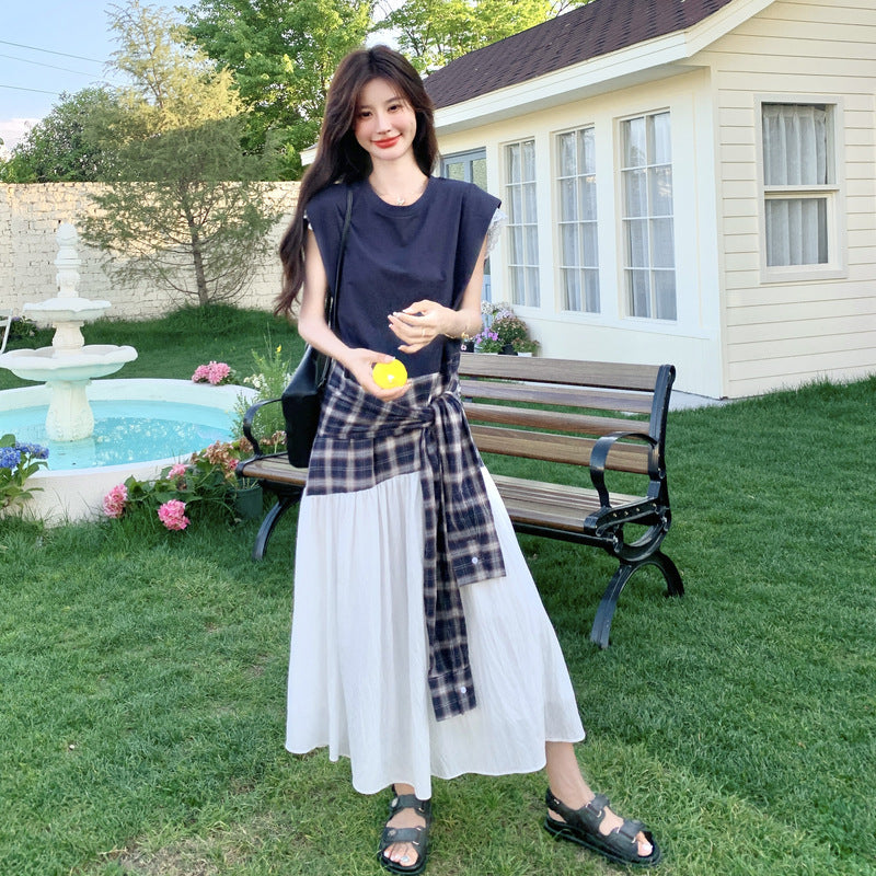 【ワンピース】夏 韓国風カジュアルな雰囲気コーデ チェック柄×レース切り替え ノースリーブワンピース【SHシリーズ】