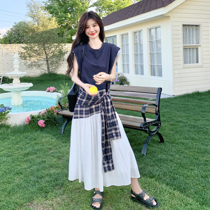 【ワンピース】夏 韓国風カジュアルな雰囲気コーデ チェック柄×レース切り替え ノースリーブワンピース【SHシリーズ】