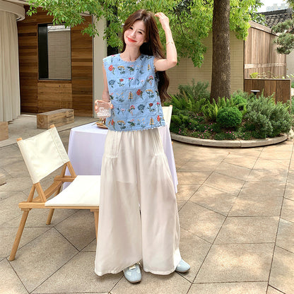 2点セット！【セットアップ】フレンチレトロ 重厚感フラワー刺繍 ノースリーブブラウス＋ワイドパンツ 上下セット【SHシリーズ】