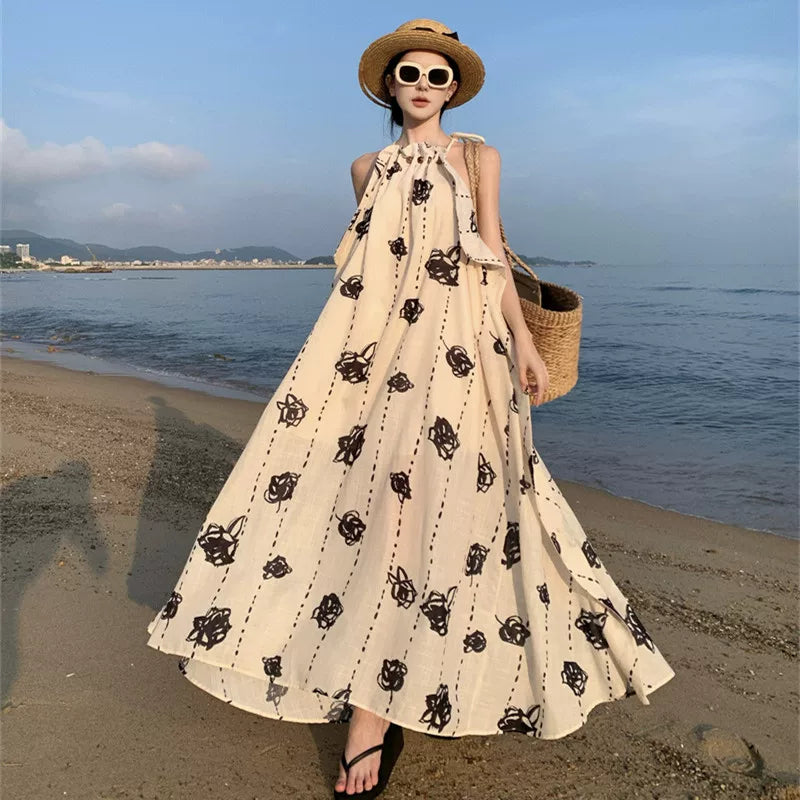 【ワンピース】リゾート風 ローズプリント ノースリーブワンピース レディース 夏 ホルターネック バックオープン 細見え フレアシルエット【SHシリーズ】