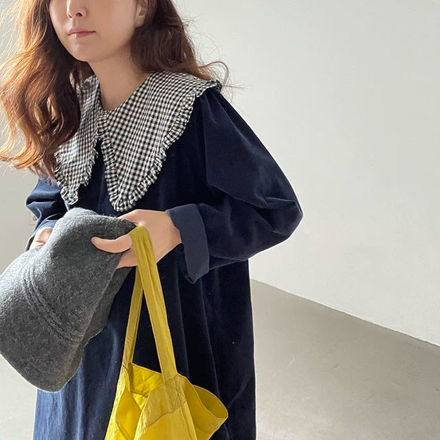 【24AW】【ワンピース】チェック柄 ドールカラー 切り替え 配色 ゆったり長袖ワンピース