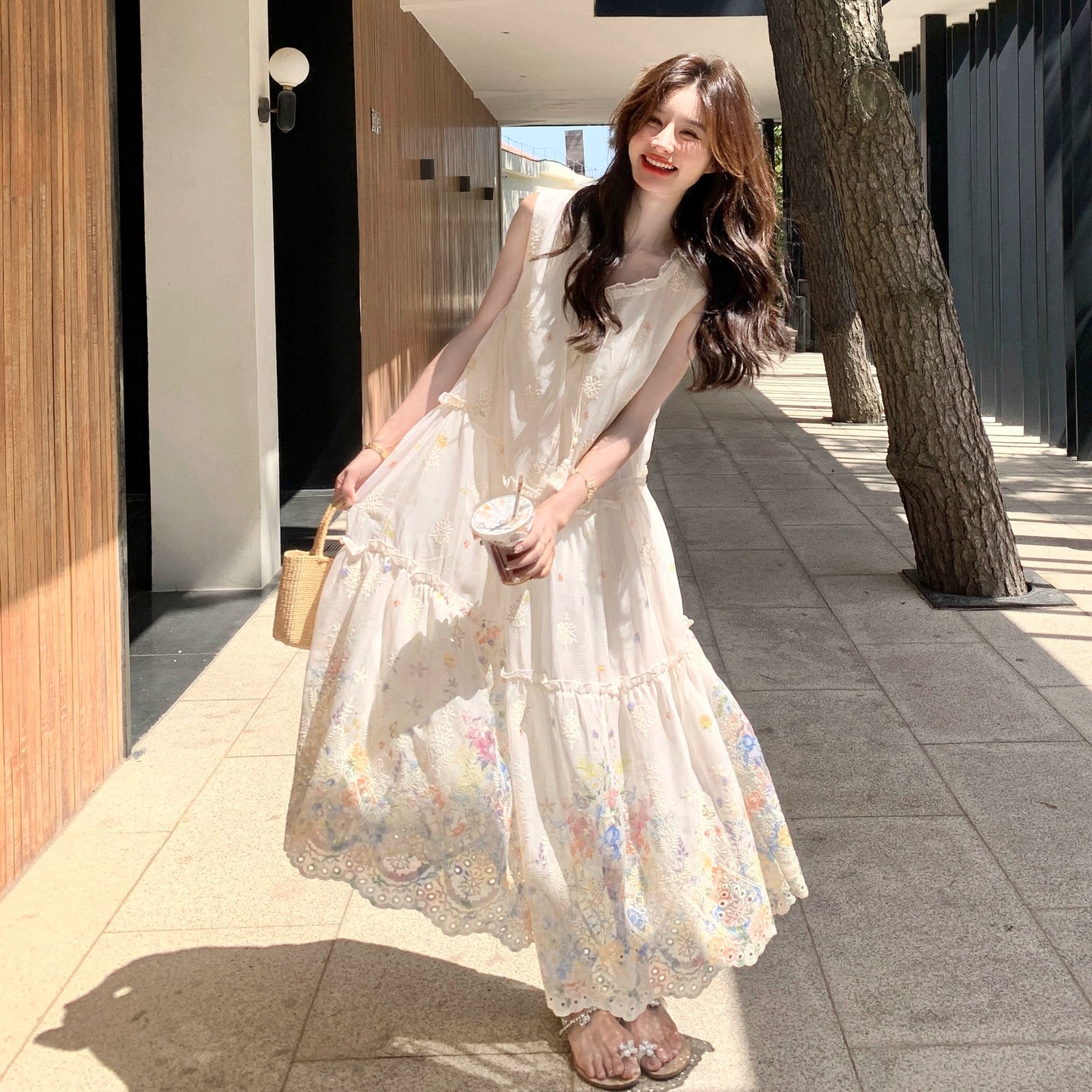 【ワンピース】スイート系 小花柄 ノースリーブ ワンピース 夏 上品 細見え タンク ロングドレス【SHシリーズ】