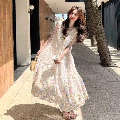 【ワンピース】スイート系 小花柄 ノースリーブ ワンピース 夏 上品 細見え タンク ロングドレス【SHシリーズ】